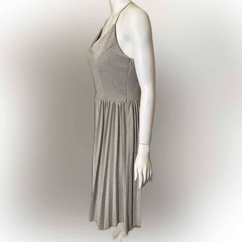 Anthropologie Elevenses Lunar Pleated Midi Dress Gold Sparkle Metallic Size 6 - Picture 3 of 13